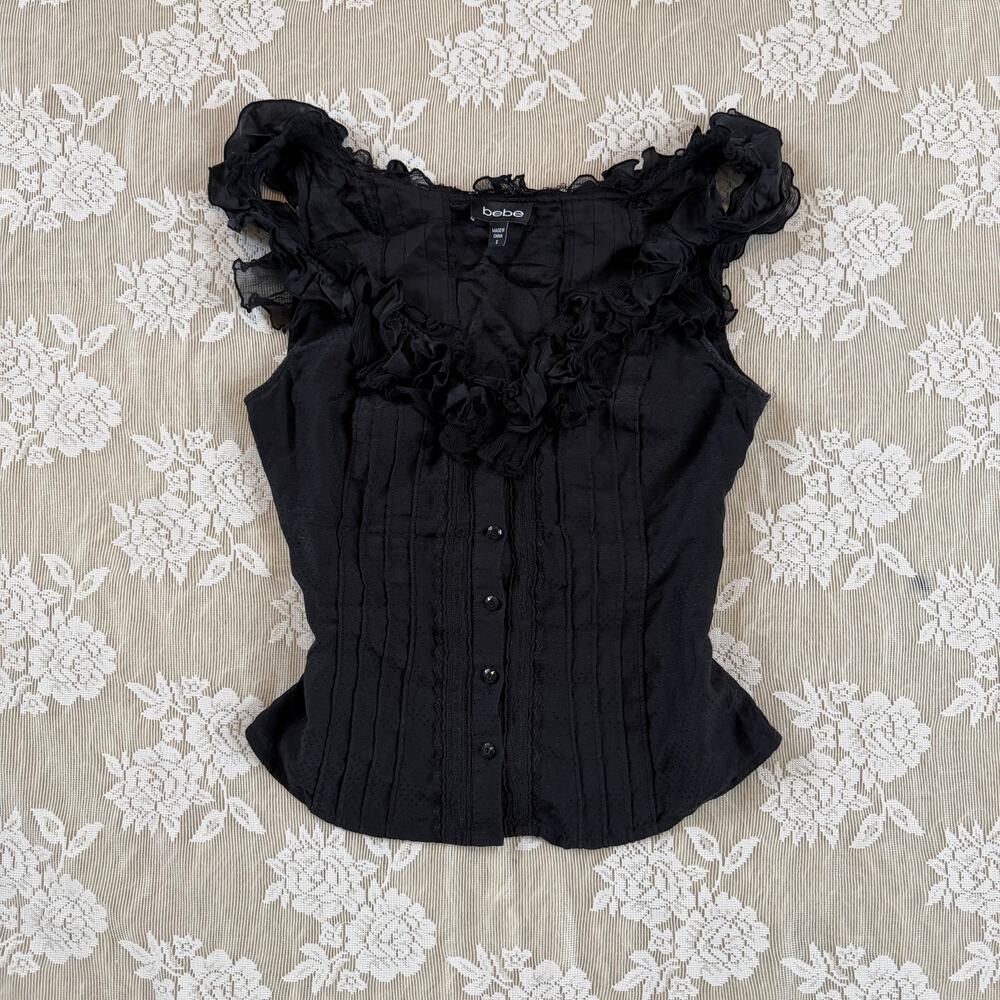 Y2K Bebe Black Ruffle Lace Blouse Size S